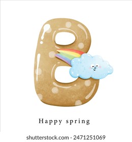 hand paint of B alphabet with cute cloud and rainbow ,spring element clipart for decoration