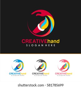 Logotipo do pincel de mão e pintura, ícone e vetor de sinal em mão criativa e conceito de arte com opção de cor