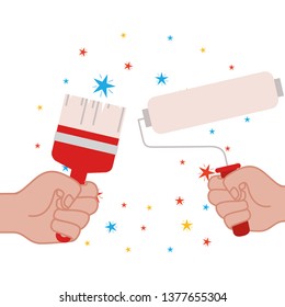 hand with paint brush and paint roller