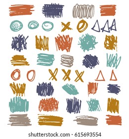 Hand paint brush spots, highlighter lines or felt-tip pen marker horizontal blobs. Marker pen or brushstrokes and dashes. Ink smudge abstract shape stains and smear set with texture. Made in vector.