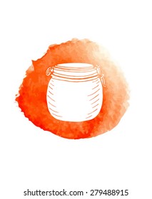 Hand paint doodle cosmetics on red watercolor circle. Made in vector