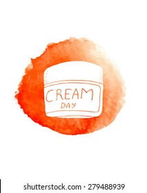 Hand paint doodle cosmetics on red watercolor circle. Made in vector