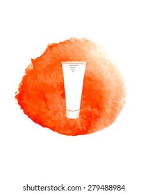 Hand paint doodle cosmetics on red watercolor circle. Made in vector