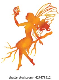 Hand paint fairy with butterfly, watercolor vector silhouette illustration.