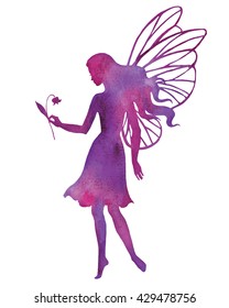 Hand paint fairy holding a flower, watercolor vector silhouette illustration.