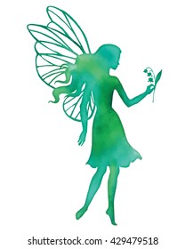 Hand paint fairy holding a flower, watercolor vector silhouette illustration.