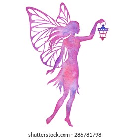 Hand paint fairy with lantern watercolor vector silhouette illustration