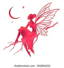 Hand paint fairy looking at the moon, watercolor vector silhouette illustration, isolated on a white background. 