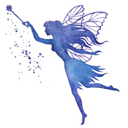 Hand Paint Fairy With Magic Wand, Watercolor Vector Silhouette Illustration