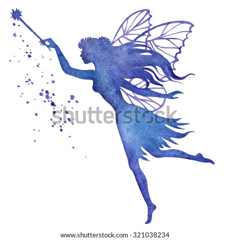 Hand paint fairy with magic wand, watercolor vector silhouette illustration