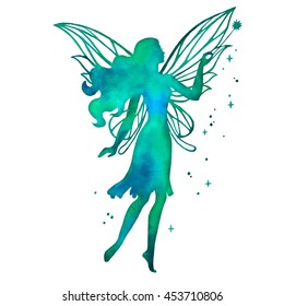 Hand paint fairy with magic wand,vector watercolor silhouette illustration isolated on a white background.