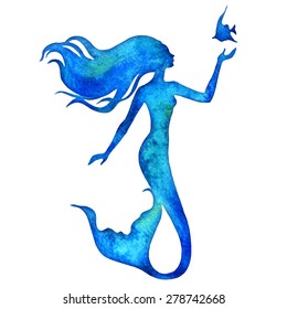 Hand paint mermaid watercolor vector silhouette illustration