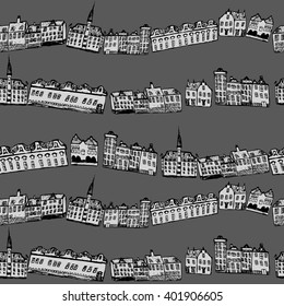 Hand paint old European buildings pattern. Amsterdam city pattern. Old European city. Vector illustration