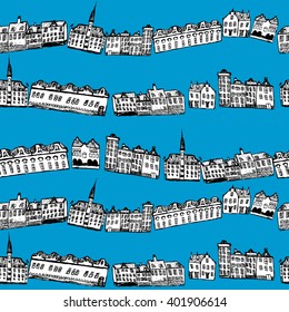 Hand paint old European buildings pattern. Amsterdam city pattern. Old European city. Vector illustration