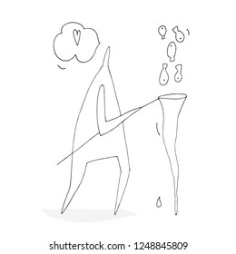 Hand paint outline vector stick figure illustration. Character people. Man with the fish net. Heart. (Can be used as texture for cards, invitations, DIY projects, web sites)