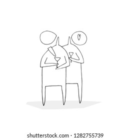 Hand paint outline vector stick figure illustration. Character man. People hugging. 