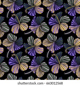 Hand paint. Pattern in yellow and violet colors with tropic summertime motif may be used as texture, wrapping paper, textile design. Vector seamless pattern of tropical hibiscus flowers, dense jungle.