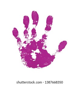 Hand paint print, isolated white background. Pink human palm and fingers. Abstract art design, symbol identity people. Silhouette child, kid, people handprint. Grunge texture Vector illustration