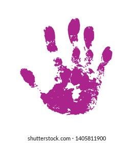 Hand paint print, isolated white background. Pink human palm and fingers. Abstract art design, symbol identity people. Silhouette child, kid, people handprint. Grunge texture Vector illustration