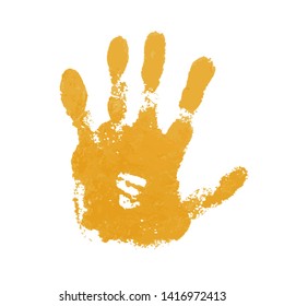 Hand paint print, isolated white background. Yellow human palm and fingers. Abstract art design, symbol identity people. Silhouette child, kid, people handprint. Grunge texture Vector illustration