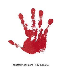 Hand paint print, isolated white background. Red human palm and fingers. Abstract art design, symbol identity people. Silhouette child, kid, people handprint. Grunge texture Vector illustration