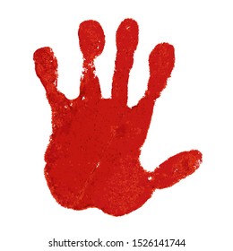 Hand paint print, isolated white background. Red human palm and fingers. Abstract art design, symbol identity people. Silhouette child, kid, people handprint. Grunge texture Vector illustration