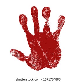 Hand paint print, isolated white background. Red human palm and fingers. Abstract art design, symbol identity people. Silhouette child, kid, people handprint. Grunge texture Vector illustration