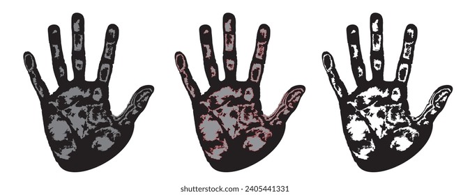 Hand paint print, isolated white background. Red human palm and fingers. Abstract art design, symbol identity people. Silhouette child, kid, people handprint. Grunge texture Vector illustration.