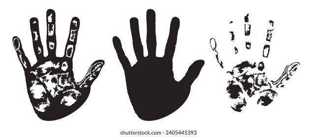 Hand paint print, isolated white background. Red human palm and fingers. Abstract art design, symbol identity people. Silhouette child, kid, people handprint. Grunge texture Vector illustration