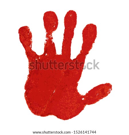 Hand paint print, isolated white background. Red human palm and fingers. Abstract art design, symbol identity people. Silhouette child, kid, people handprint. Grunge texture Vector illustration
