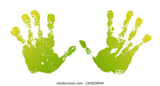 Hand paint print set, isolated white background. Green human palm and fingers. Abstract art design, symbol identity people. Silhouette child, kid, people handprint. Grunge texture Vector illustration