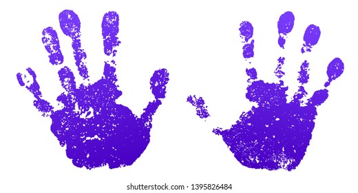 Hand paint print set, isolated white background. Color human palm and fingers. Abstract art design, symbol identity people. Silhouette child, kid, people handprint. Grunge texture Vector illustration