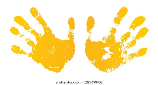 Hand paint print set, isolated white background. Yellow human palm, fingers. Abstract art design, symbol identity people. Silhouette child, kid, people handprint. Grunge texture Vector illustration