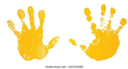 Hand paint print set, isolated white background. Yellow human palm, fingers. Abstract art design, symbol identity people. Silhouette child, kid, people handprint. Grunge texture Vector illustration