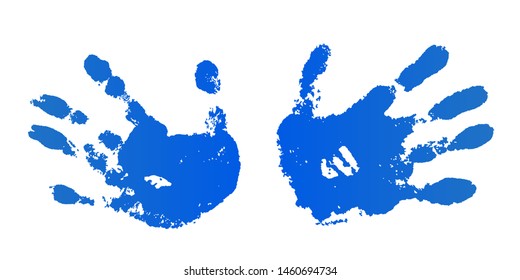 Hand paint print set, isolated white background. Blue human palm and fingers. Abstract art design, symbol identity people. Silhouette child, kid, people handprint. Grunge texture Vector illustration