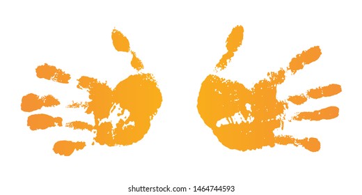 Hand paint print set, isolated white background. Yellow human palm, fingers. Abstract art design, symbol identity people. Silhouette child, kid, people handprint. Grunge texture Vector illustration