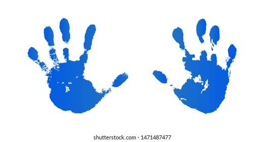 Hand paint print set, isolated white background. Blue human palm and fingers. Abstract art design, symbol identity people. Silhouette child, kid, people handprint. Grunge texture Vector illustration