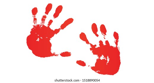 Hand paint print set, isolated white background. Red human palm and fingers. Abstract art design, symbol identity people. Silhouette child, kid, people handprint. Grunge texture Vector illustration