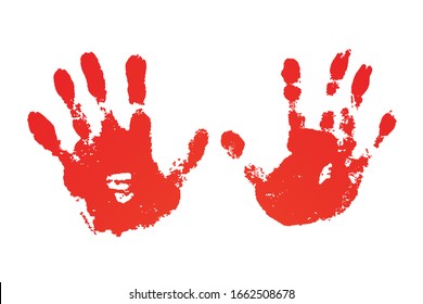 Conjunto de impresión de pintura manual, fondo blanco aislado. Palma y dedos humanos rojos. Diseño artístico abstracto, gente de identidad de símbolo. Niño de la silueta, niño, letra de la gente. Grunge textura Ilustración vectorial