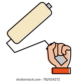hand with paint roller isolated icon