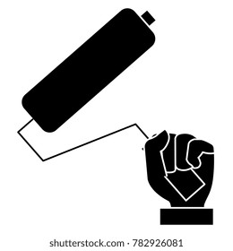 hand with paint roller isolated icon