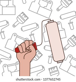 hand with paint roller tool isolated icon