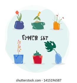 Hand paint set of flowers in pots. Vector flower. Interior decor. Cartoon plants.