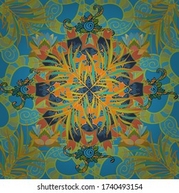 Hand paint swimwear pattern. Vector. Watercolor blue, yellow and greens leaves of exotic monstera plant and palm tree. Modern style illustration. Tropical leaves seamless pattern on painted background