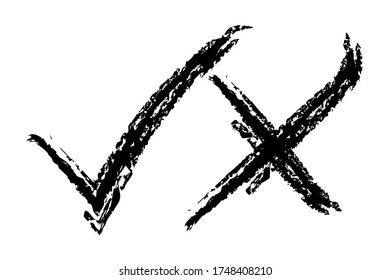 Hand paint test elements. Black, white Test signs isolated on white. Grunge ink vector buttons for vote. Knowledge assessment symbols. Cross and tick symbols.