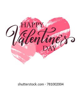 Hand paint vector hearts silhouette in grunge style with hand written lettering Valentine`s Day, illustration for t-shirt design, greeting card, invitation.