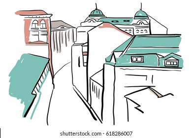 Hand paint vector old European buildings.