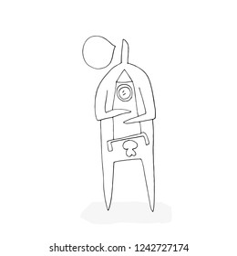Hand paint vector outline stick figure illustration. Character people. Man with rocket. Speech. (Can be used as texture for cards, invitations, DIY projects, web sites)