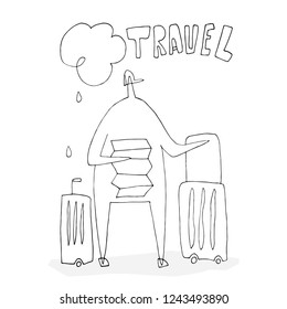 Hand paint vector outline stick figure illustration. Character people. Speech. Man travels. Lettering. Map (Can be used as texture for cards, invitations, DIY projects, web sites)