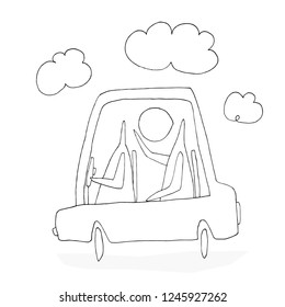 Hand paint vector outline stick figure illustration. Character people. Man in car. Heart. (Can be used as texture for cards, invitations, DIY projects, web sites)